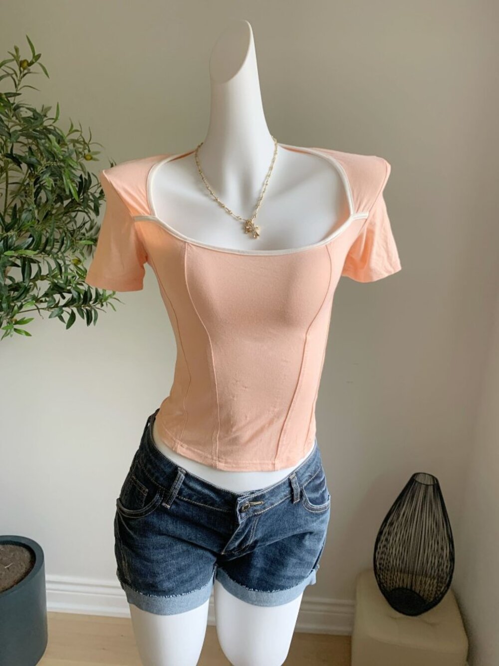 Peach Contrast Trim Fitted Corset Style Top S